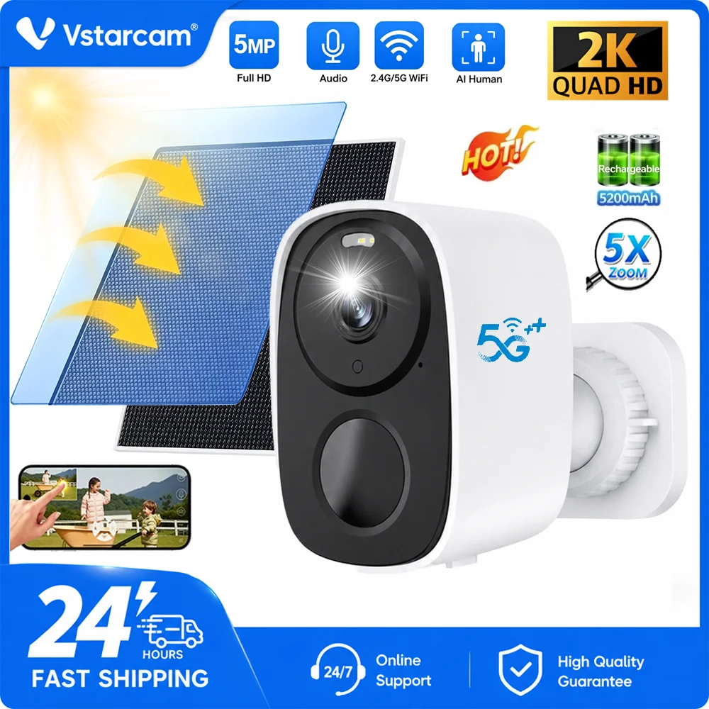 Vstarcam 4K Wireless Solar Outdoor Wifi Camera Built-in 5200mAh Battery  Security Camera 5MP 5X  Digital Zoom PIR Motion Alarm  Two Way Audio IP Camera