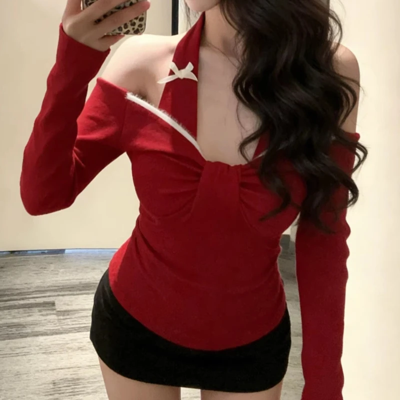 

Красный топ с бантом и открытыми плечами, женская рождественская сексуальная облегающая футболка с длинным рукавом, корейский шик, для вечеринок, в стиле Харадзюку, мода 2026, новинка