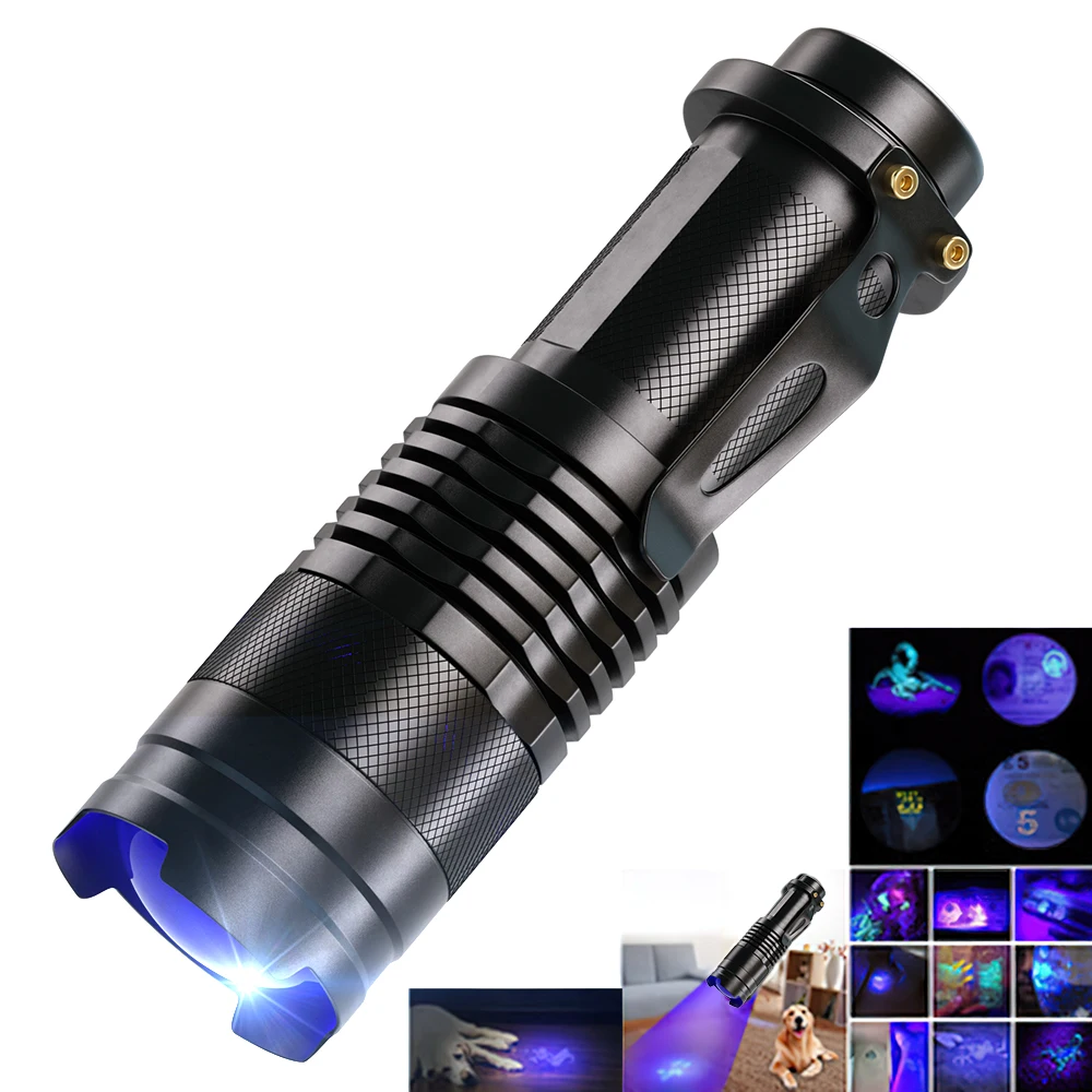 ZK30 UV LED Flashlight Mini LED Torch 395nm blacklight Wavelength Violet Light Zoomable Pet Urine Scorpion Feminine Detector