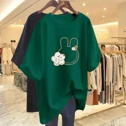 Summer Chic Print Cotton Basic T-shirt Women Casual Fashion O-neck Short Sleeve Top Tee Loose Oversized Pullover 45-105Kg