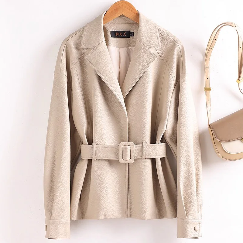 

New Women Split Leather Blazer With Slim Waist Belt Spring Autumn Fashion Notched Collar Loose Leather Jacket Female Coat