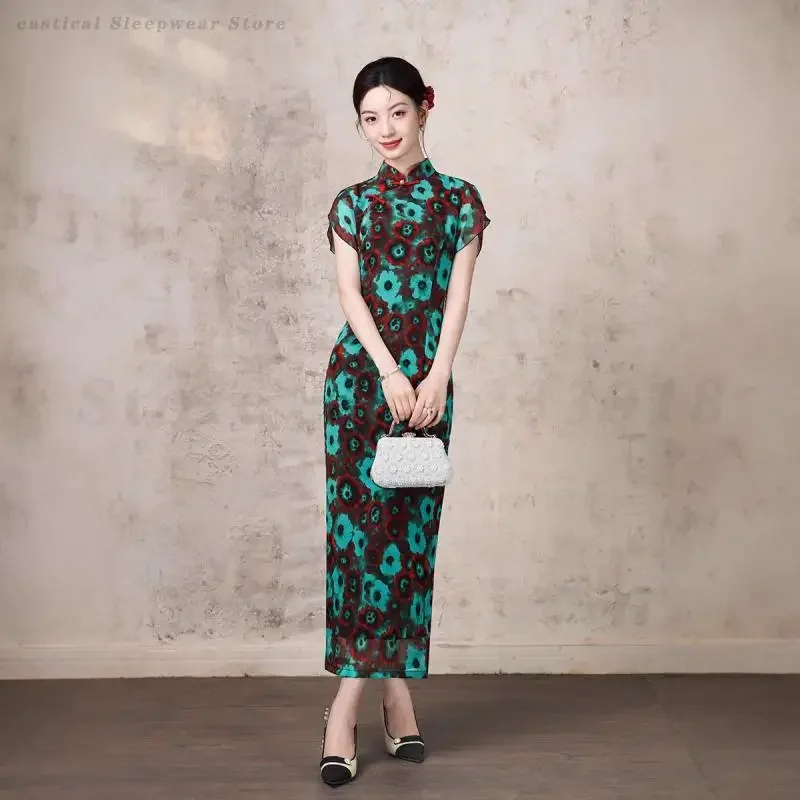 

Green Oil Painting Traditional Dress Summer New Chinese Style Improved Cheongsam Evening Party Gown 3XL Vintage Novelty Qipao