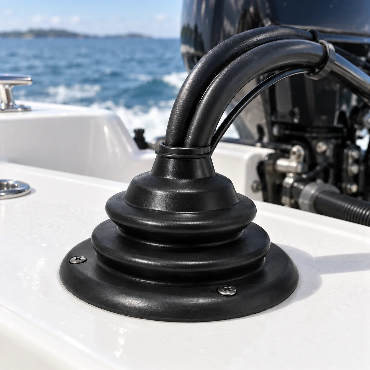 Black Marine Cable Boot with Waterproof Grommet to Route Steering Throttle and Shift Cables and Wire Harnesses on Yachts and RVs