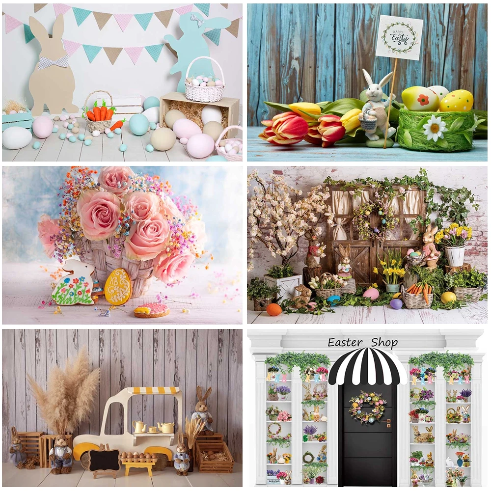 

MOON.QG Easter Decoration Photo Background Eggs Wooden Door Flower Backdrop Photozone Photobooth Wallpaper Accessories Portrait