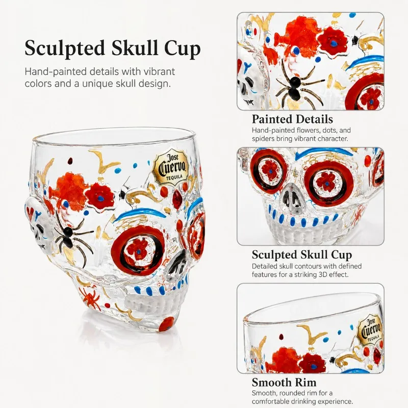 Mexican Day of The Dead Sugar Skull Whiskey Glass Skull Tequila Tumbler Vintage Bar Home Decor Collectible Gift Cocktail Lovers