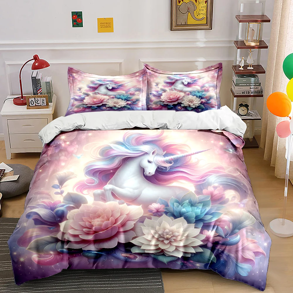 Magical Unicorn and Stunning Flowers Print Bedding Set 1 Duvet Cover 2 Pillowcases for Adult and Children Luxury Gift Full Size