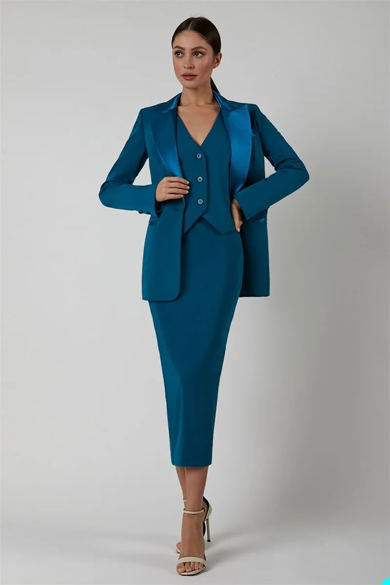 Designer 3 Pcs Vrouwen Suits Rok Set Blazer + Vest + Prom Jurk Satijn Revers Business Office Lady Formele Enkel lengte Custom Made