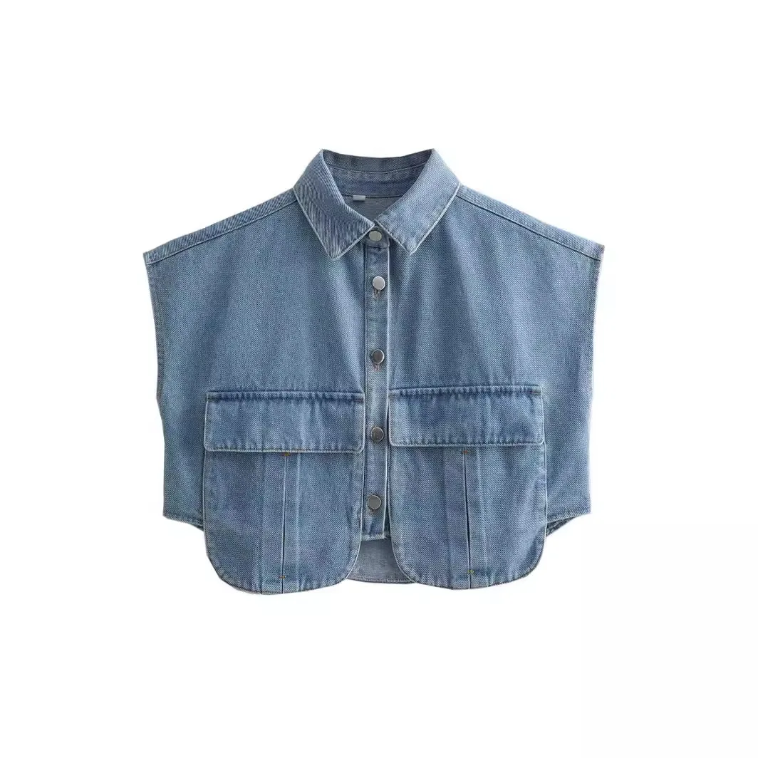 Luźny krój, kołnierzyk typu Svel, dżinsowy kardigan z dużymi kieszeniami, jednolity kolor, rozpinany, damski top w stylu Faion.