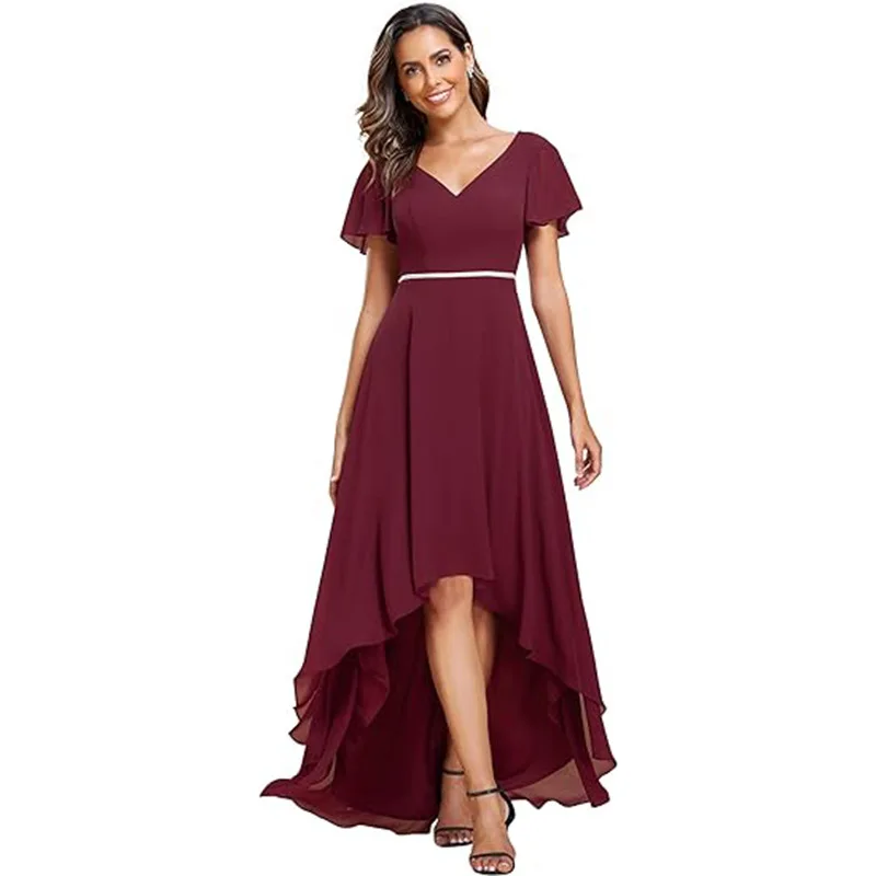 

Classic Evening Dresses Deep V-Neck A-Line Ruffles Sleeves Short sleeve Ever Pretty of Chiffon Burgundy Bridesmaid Dress
