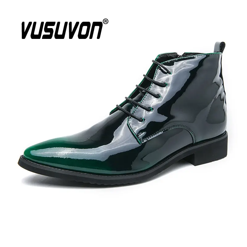 Fashion Men Derby Boots Winter Black Casual  Point Toe Shoes Lace-Up & Zip Party Street Boys Patent Leather Big Size 38-47