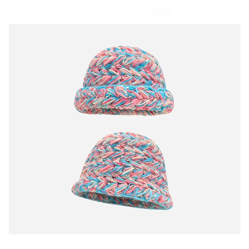 Mixed Color Thick Thread Knitted Hat Children Autumn and Winter Versatile Warm Ear Protection Bucket Hat