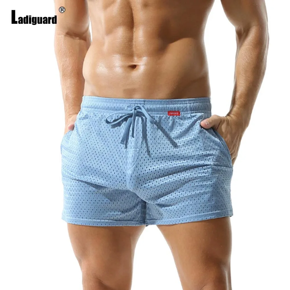 2025 Europe Style Casual Guaze Hollow Out Beach Shorts Men's Stand Pocket Classic Drawstring Shorts Blue White Short Bottom New