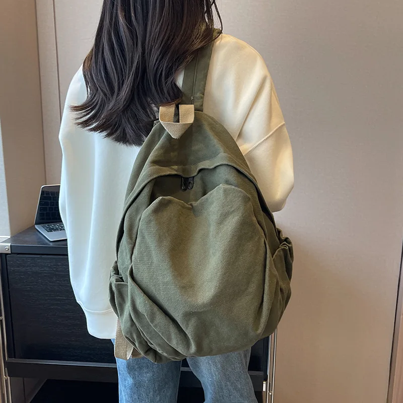 Womens Canvas Backpack High School Student Versatile Washing Style Double Shoulder Bag Harajuku Japanese Original Forest System
