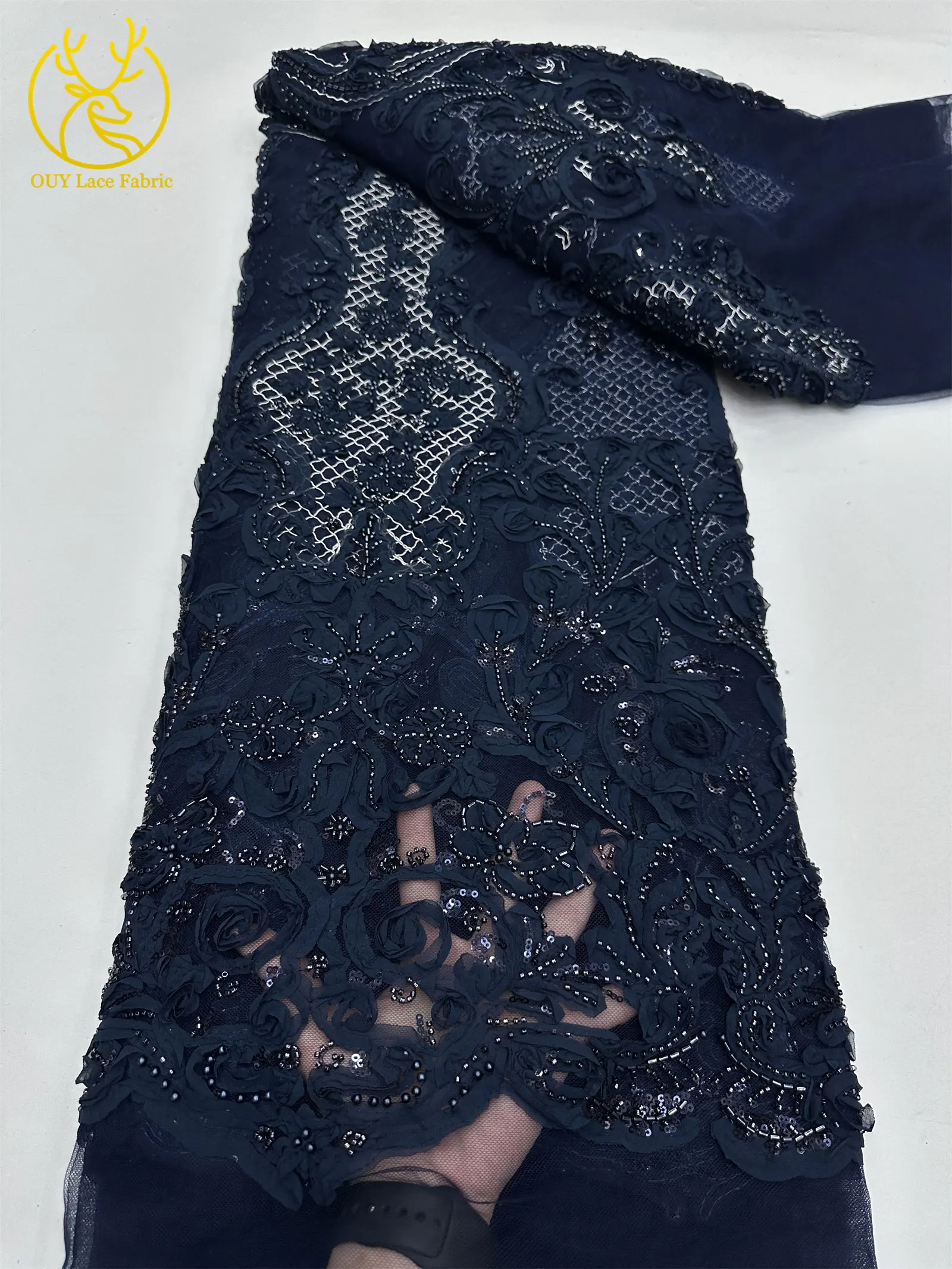 3D Afrikanischer Perlen-Spitzenstoff Schwarz Rot Luxuriöser Hochwertiger Französischer Pailletten-Tüll für Damen Abendkleid DIY Nähen 5 Yards – Detail 14