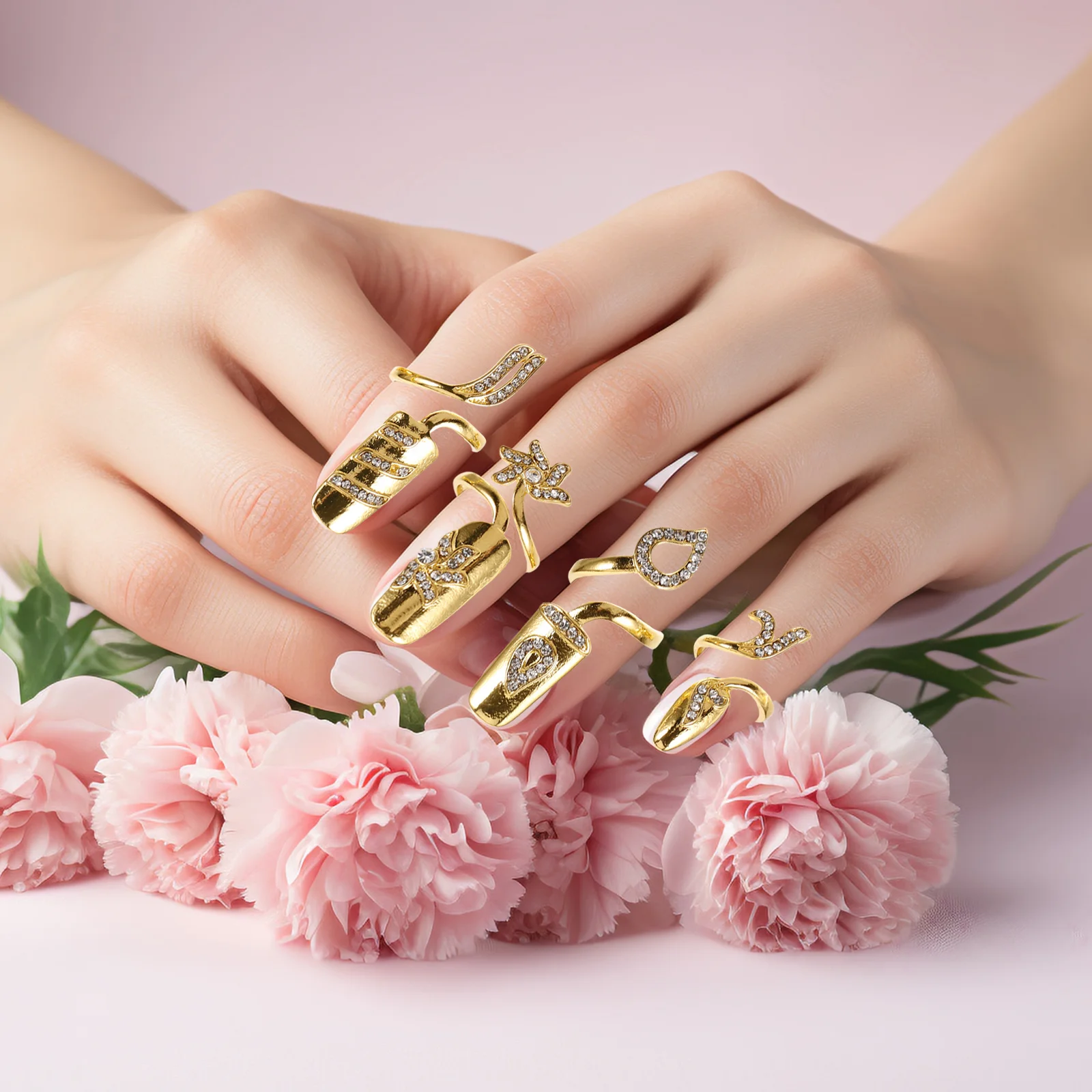 4Pcs Fashion Nail Rings Women's Rhinestone Fingernail Jewelry Alloy Finger Tip Rings Easy to Wear No Glue Needed Gift