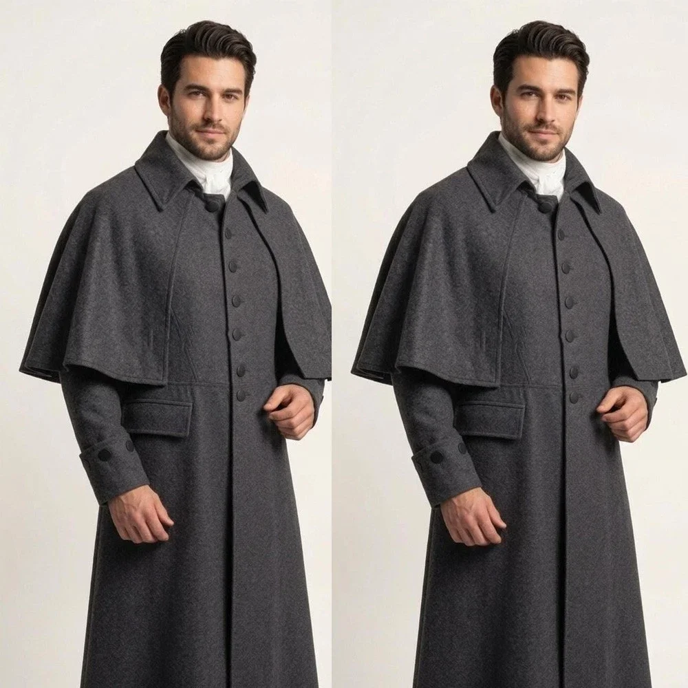 Vintage Dark Grey Men Vintage Wool Long Overcoat With Detachable Cape Shawl Lapel Retro Victorian Reenactment CostumeCustomized