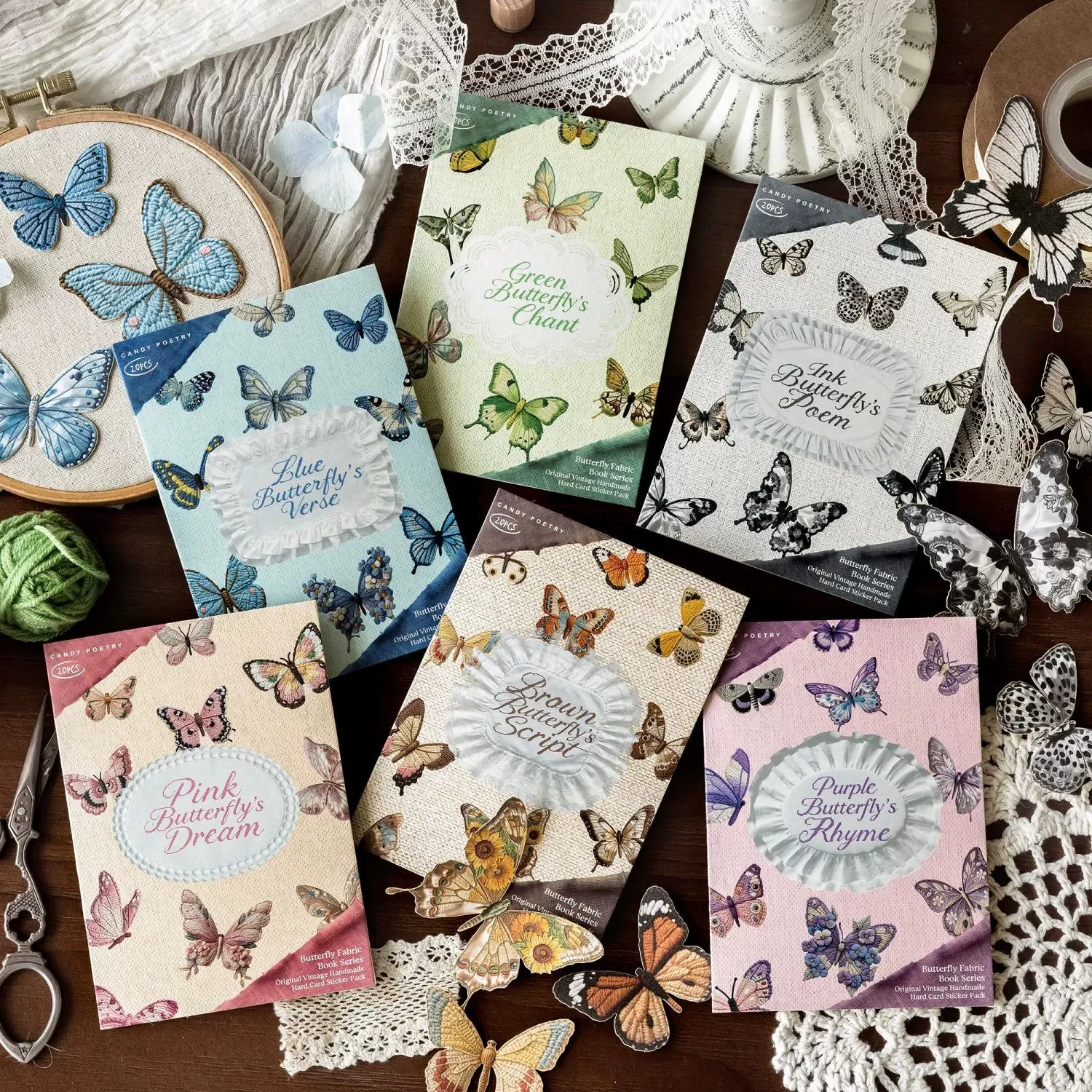 20 Pcs/Pack Vintage Butterfly Embroidery Sticker Pack, Fabric Book Series Stickers, Retro Decorative DIY Supplies