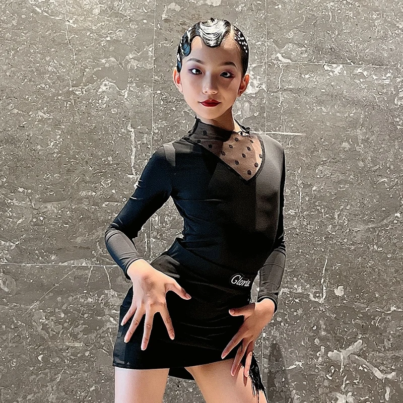 Girls Latin Performance Costume Black Long Sleeve ChaCha Dance Outfit Leopard Fringe Skirt Rumba Samba Practice Wear DL11374