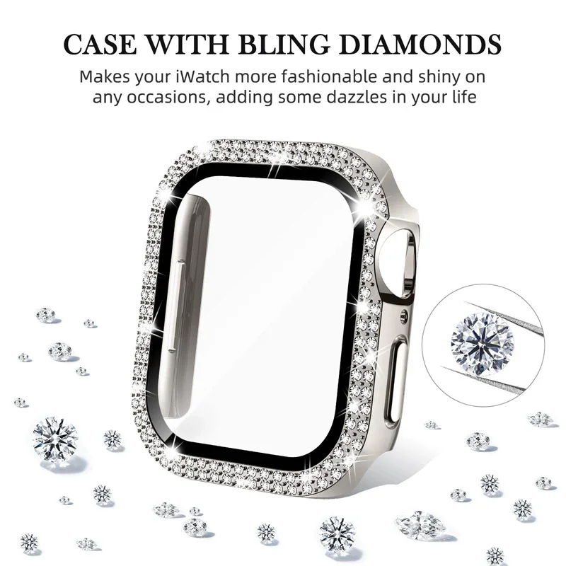 Bling Glas + Abdeckung für Apple Watch Gehäuse 44 mm 45 mm 41 mm 40 mm 42 mm 44 mm Diamant-Stoßstange + Displayschutzfolie iWatch Serie 7 9 8 5 6 SE