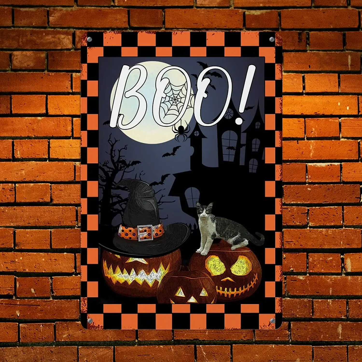 Checkerboard Buffalo Halloween Night Cat Metal Wall Sign Halloween Creepy House Boo French Vintage Retro Metal Signs Spooky