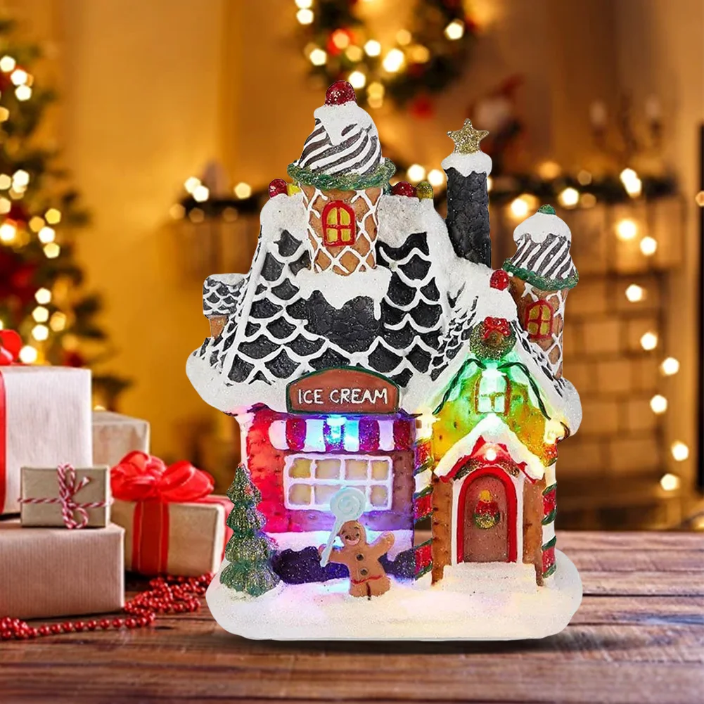 Christmas Gingerbread House Decor LED Light Christmas Village House Collectible Building for Home Christmas Decor Kids Gift