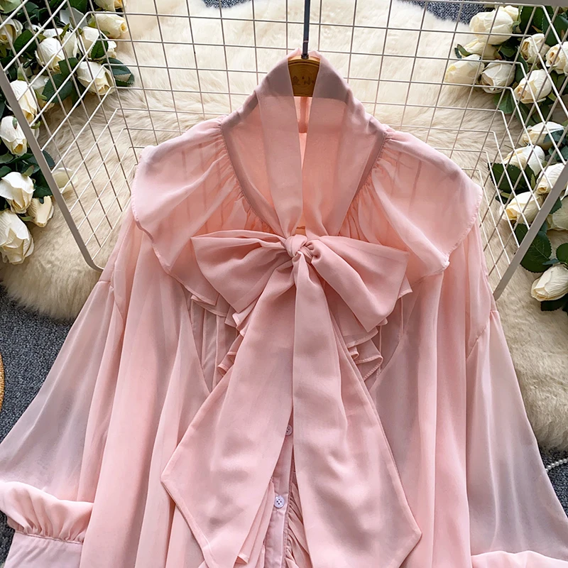 French Elegant Ruffled Long Sleeved Chiffon Shirt for Women Spring Autumn New Fashionable Plus Size Bow Collar Blouse Top T107