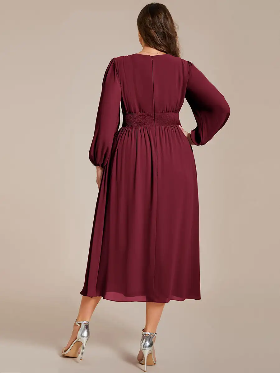 Plus Size Evening Dresses Dignified Deep V-neck Long Sleeves Knee-Length 2024 Ever Pretty of Chiffon Burgundy Bridesmaid Dresses