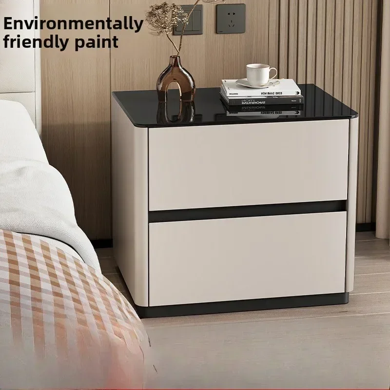 Stable All solid wood painted bedside table bedroom household bedside table tempered glass desktop sturdy and durable