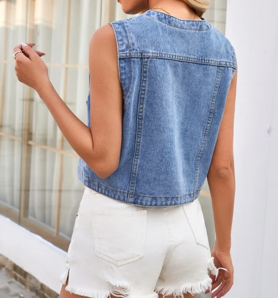 Classic Women Vest Top Fashion Slim Collarless Denim Short Vest Cardigan Shoulder Top Women Sleeveless