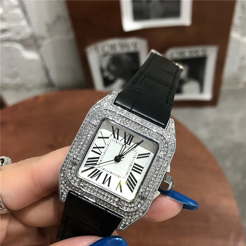 Brand Wrist Watches Man Woman Unisex Square Diamond Crystal Style Quartz Black Leather Strap Luxury Clock