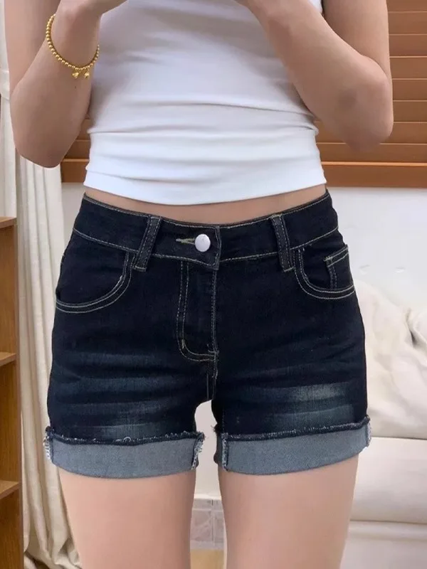 

American Deep Blue Denim Shorts Women's High Waist Slim Fit Summer New Style A-Line Cuffed Hot Pants Casual Straight Leg Jeans