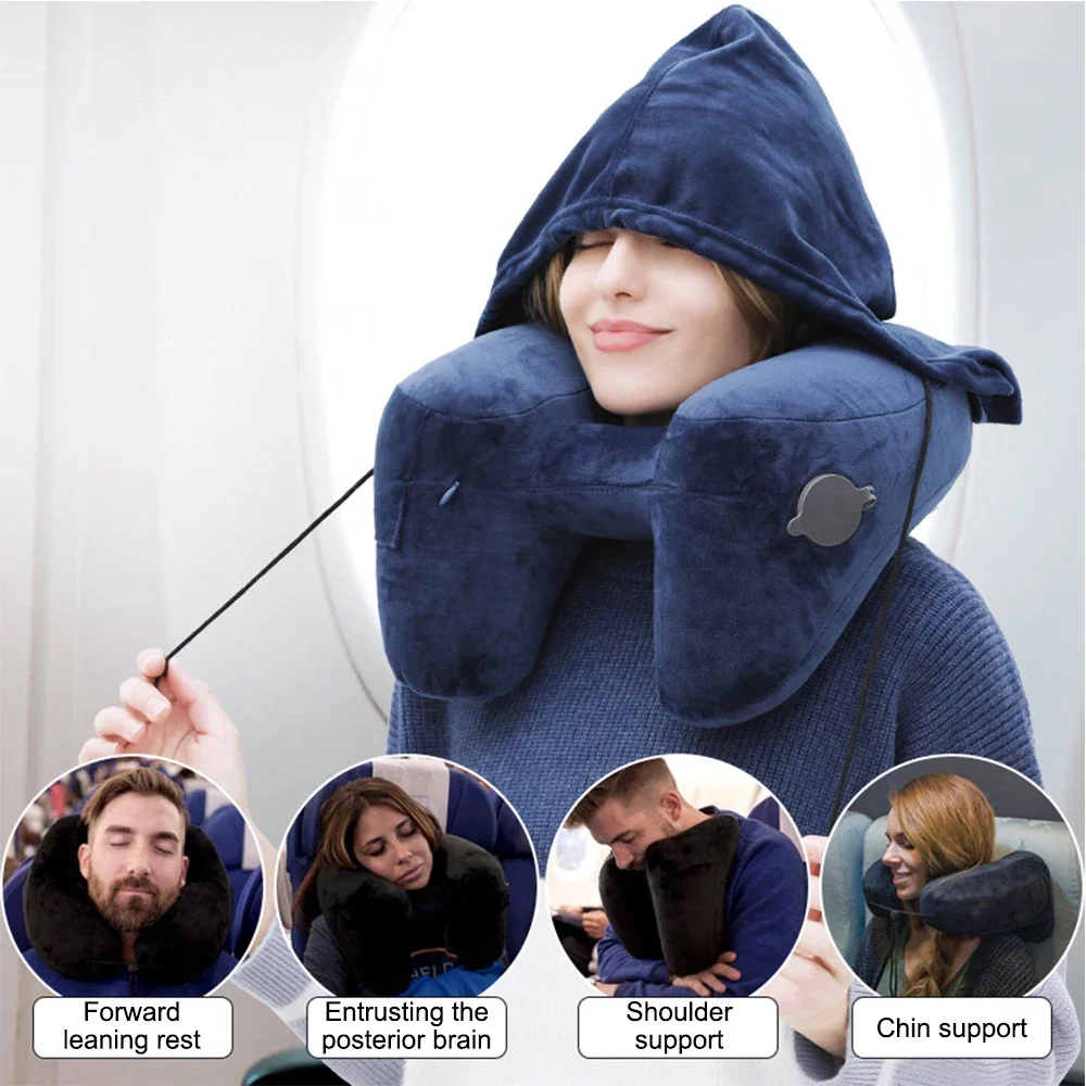 

Portable U-Shaped Pillow H-Shaped Inflatable Pillow Travel Neck Pillow Inflatable With hood Car Neck Rest Cushion