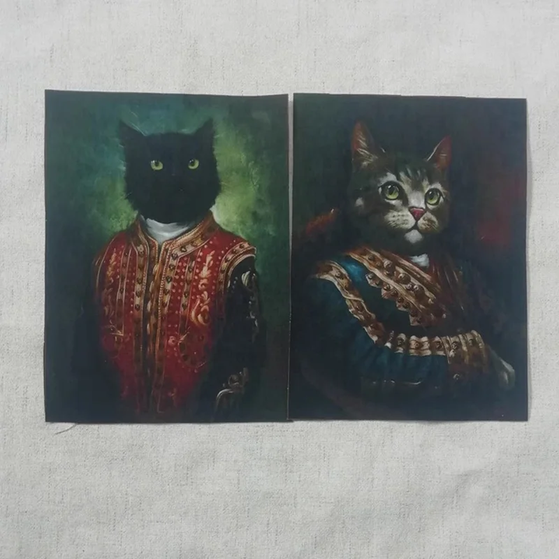 Court Cats Hand Dyed Painting Design Decorative Paintings Cats Fabric Handwork DIY Fabric Gentleman 15*20cm