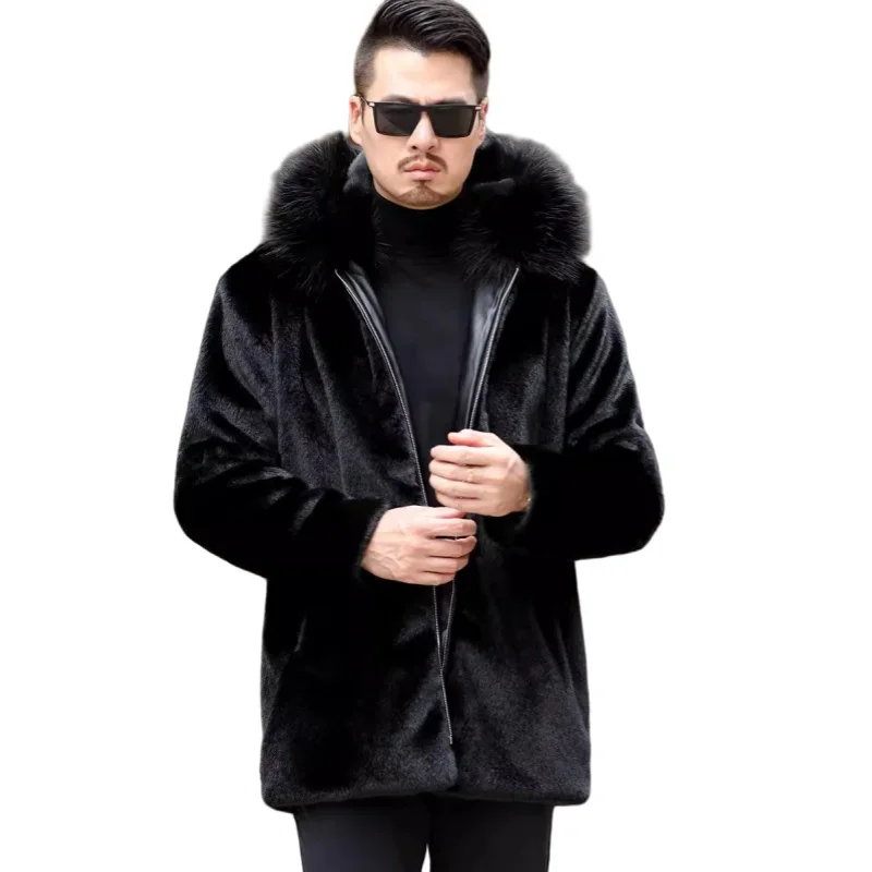 Men's Luxurious Soft and Smooth Winter Coat with Hood Real Chinese Mink Faux Fur and Wool Long Overcoat Style Woven Fox Fur