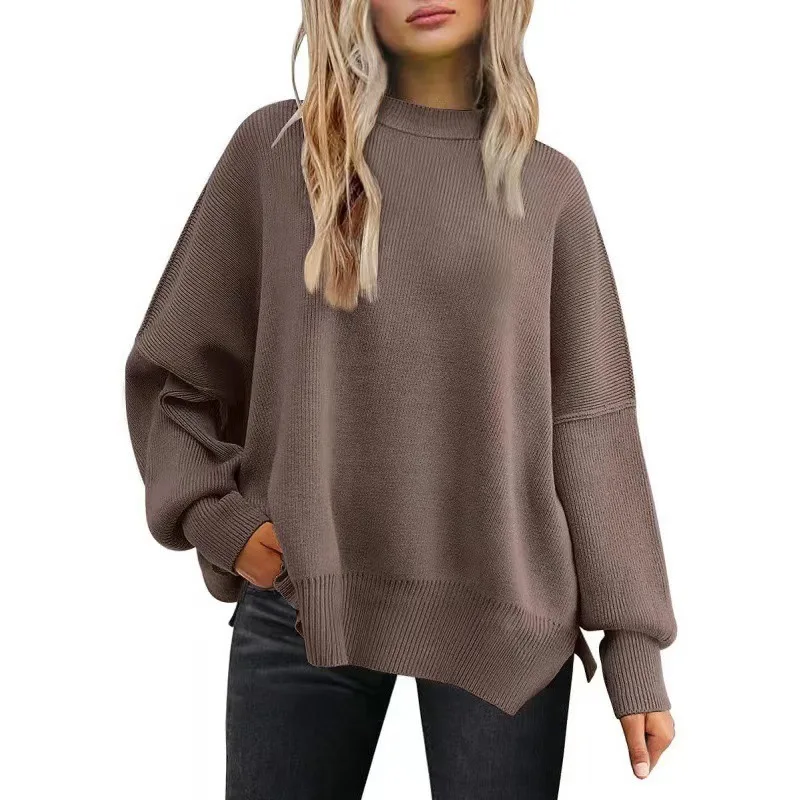 Women's Round Neck Pullover, Sweater, Jumper, Bat, Long Sleeve, Side Slits, Loose, Comfortable, Breathable, Europe and America