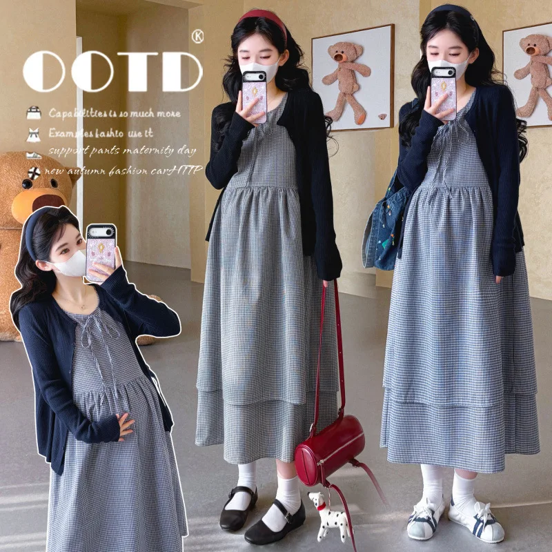 Maternity Clothes Summer 2026 Plaid Sleeveless Dress and Thin Cardigan for Pregnant Women Versatile Minimalist Casual