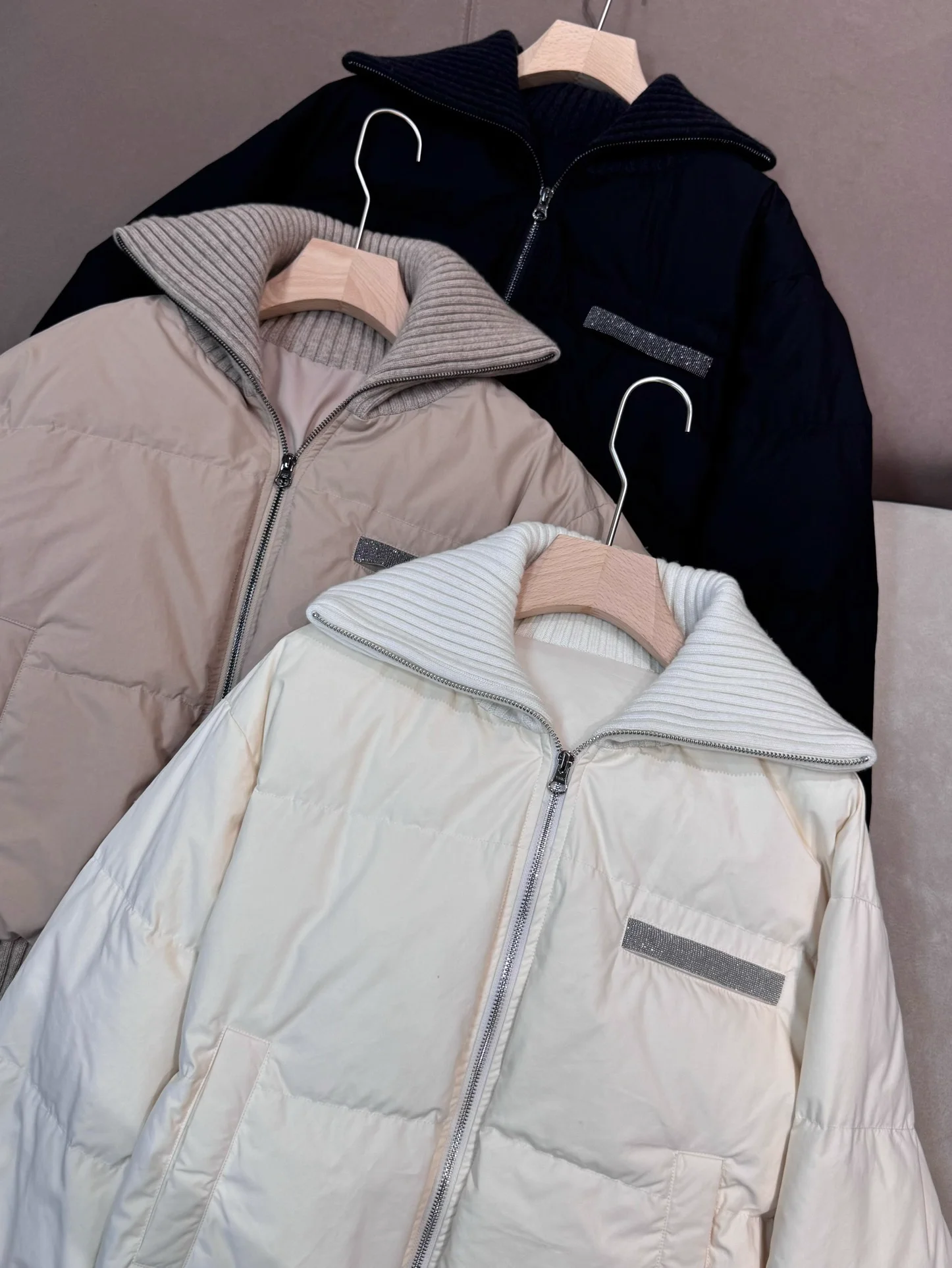 

Winter Women's Beaded Down Jacket Knitted Spliced Turn-down Collar Long Sleeve Loose Warm Coat