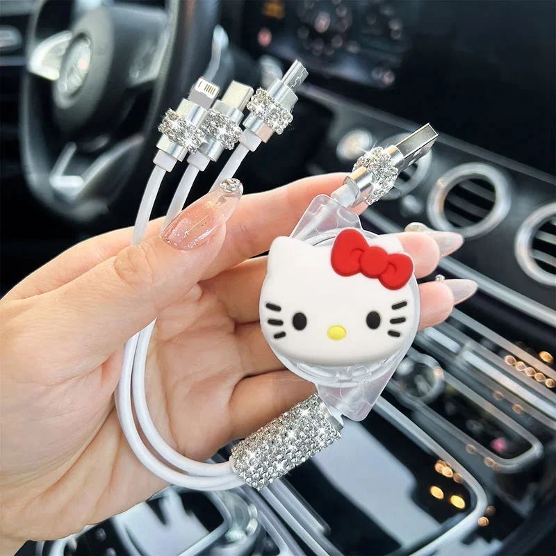 كابل شحن Sanrio Hellokittys 3 في 1 لهاتف Iphone Android Micro Usb Type-C كابل بيانات USB لطيف للهاتف المحمول