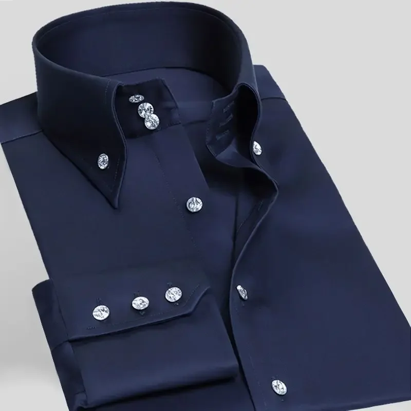 Fashionable White Shirt for Men,Casual Slim Fit with Long Sleeves and Drill Buckle Turtleneck Dress Shirt Korean Size M-3XL 4XL