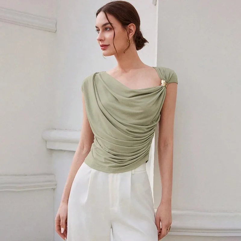 Women's Designer Asymmetric Slip Dress T-shirt in Dusty Green Sleeveless Top Draped Neckline Gold Ring Detail Minimalist Elegant