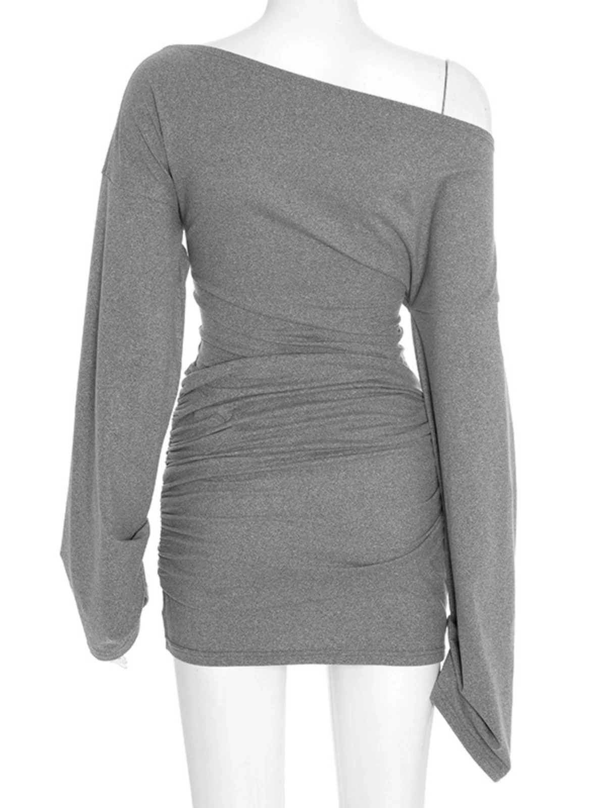 فستان قصير مكشوف الأكتاف باللون الرمادي من SsTss ملابس خروج نسائية سادة وأكمام طويلة بقصة ضيقة مكشكشة فستان حفلات ضيق ملابس نسائية