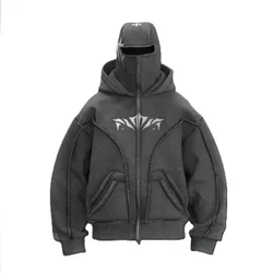 Y2K retro high street personality fashion men pullover hoodie Gothic double hat design street wear oversized casual sweatshirt