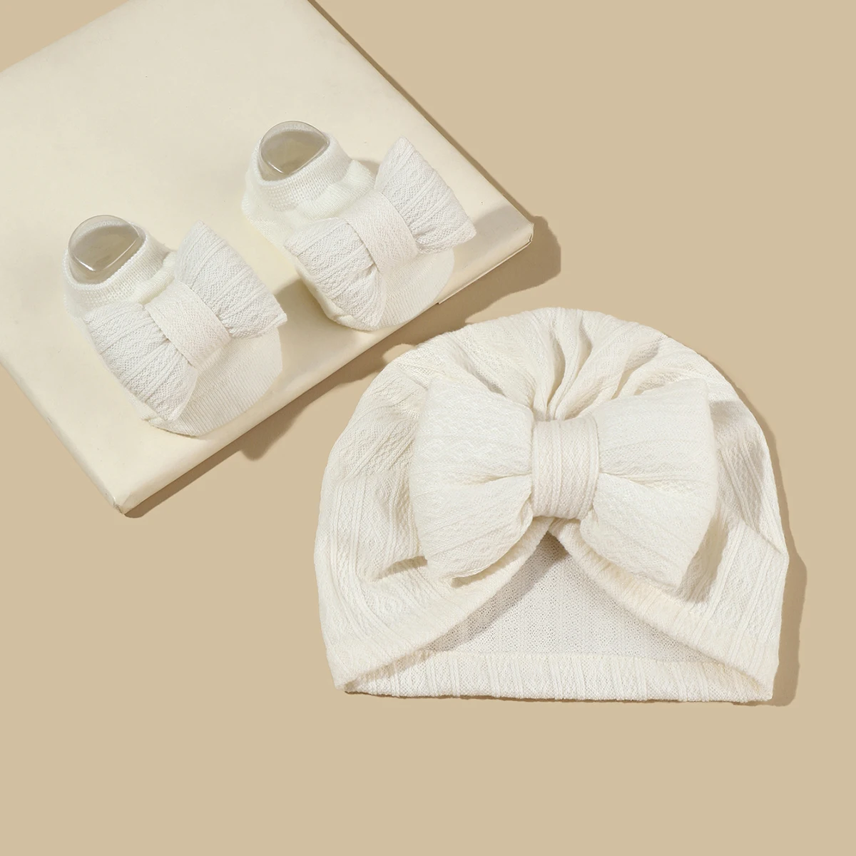 2Pcs Newborn Baby Bow Hat Socks Set Solid Color Cotton Infant Girls Turban Cap Anti-slip Socks