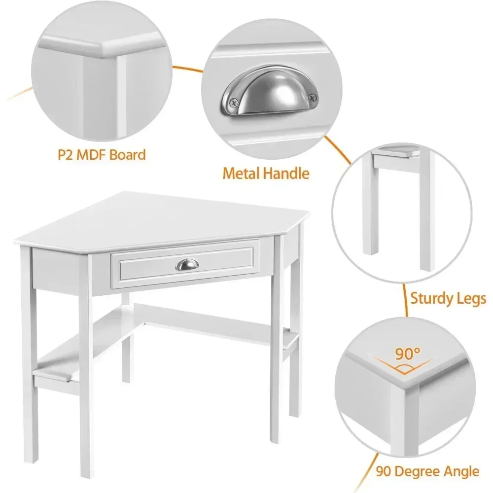 L-shaped computer desk corner table with large drawers and storage shelves, triangular writing desk laptop table for home office