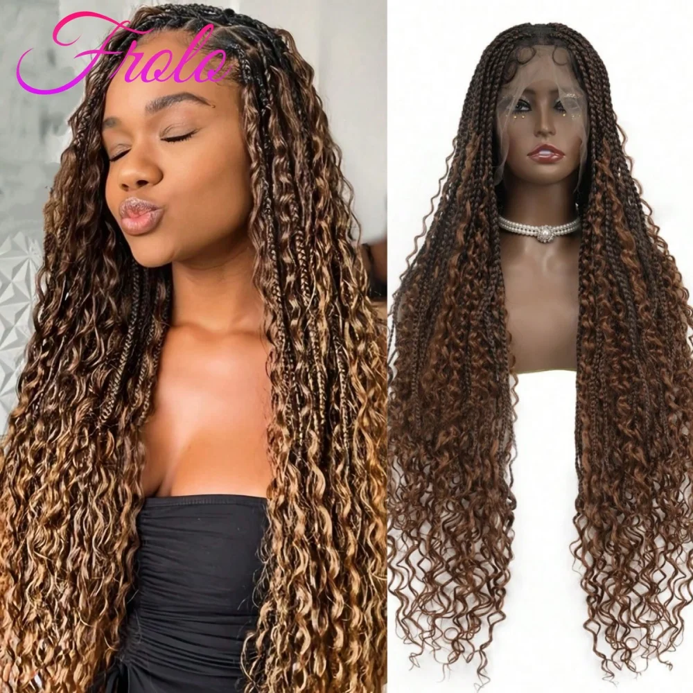 

180 Density Bohemian Braided Curls Ombre Brown Wig 360 HD Full Lace Front Wig with Invisi Drawstring Pre Plucked Brazilian Hair