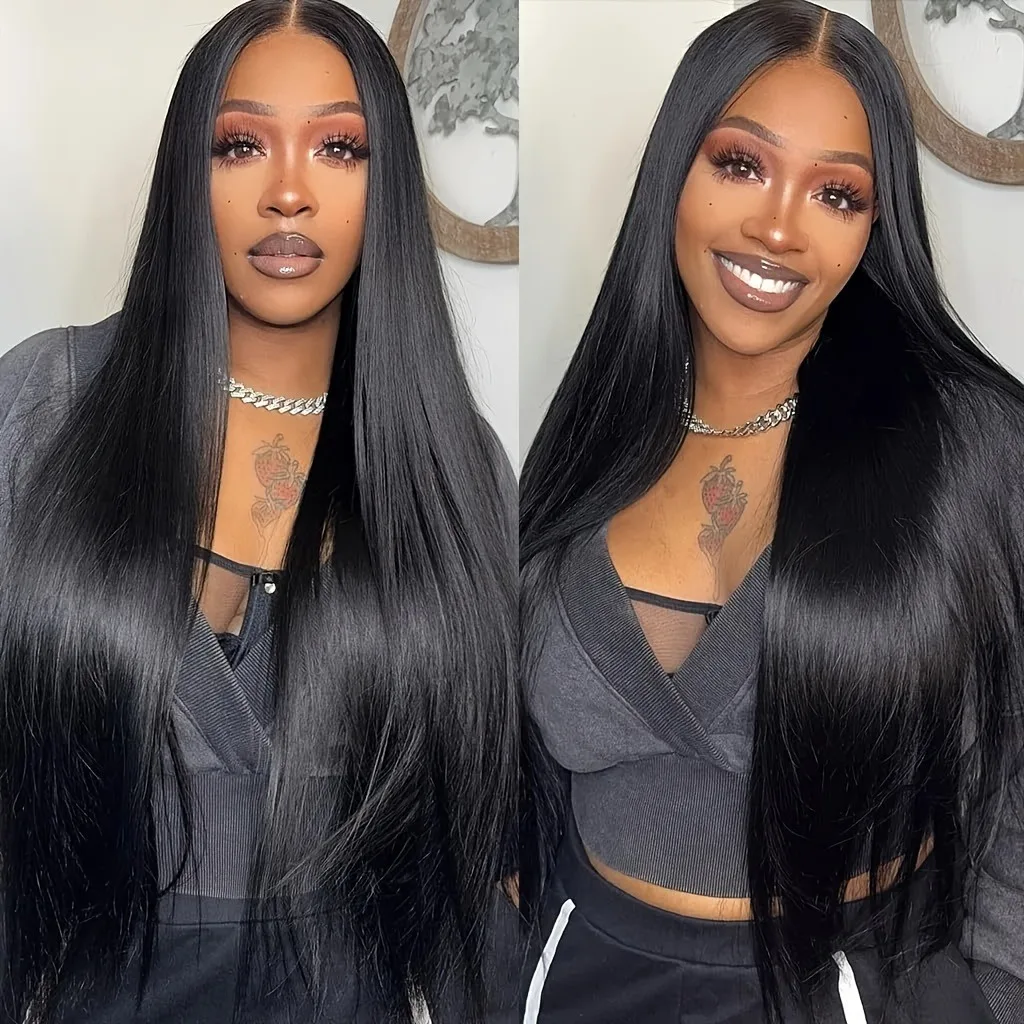 13x4 Lace Front Wig Human Hair 200% Density Straight Pre-Plucked HD Transparent Lace Frontal Wig with Natural Black Color