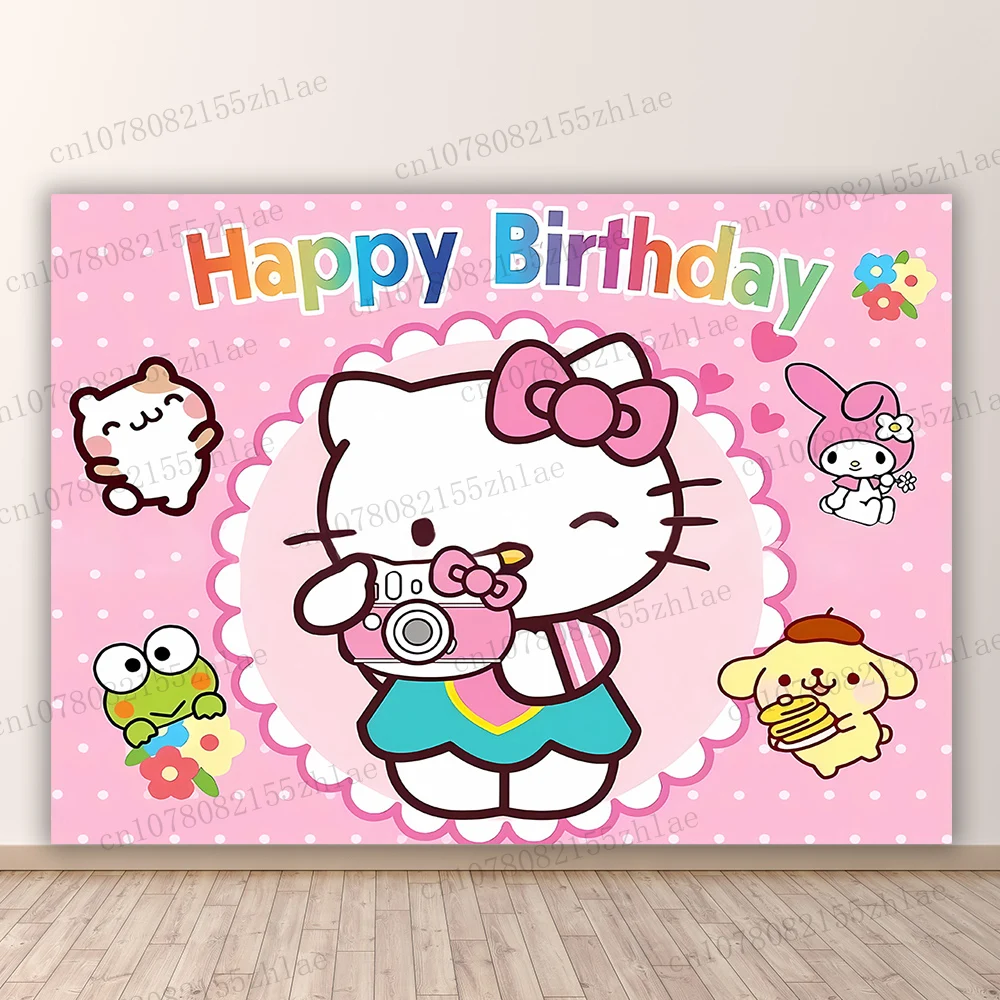 Hello Kitty Birthday Party Photo Backdrop Baby Shower  Photo Background Banner Cartoon Photography Backdrop