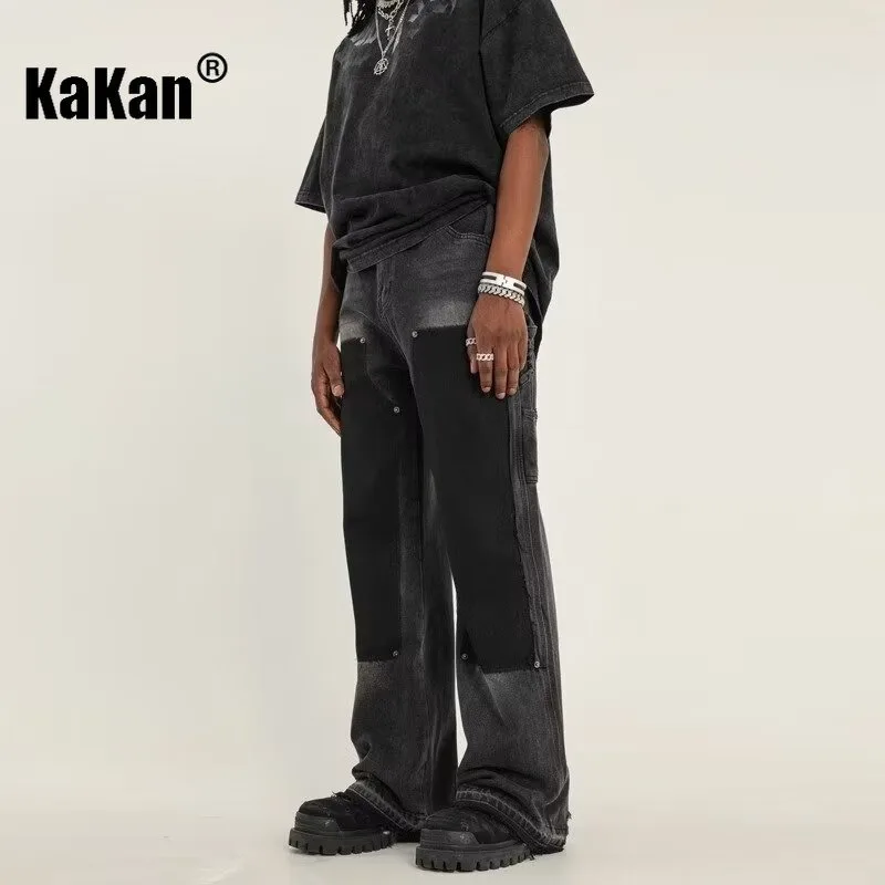 

Kakan - Europe and The United States New Retro Jeans Men's, Double Knee Washed Rivets Destruction Long Jeans K27-92