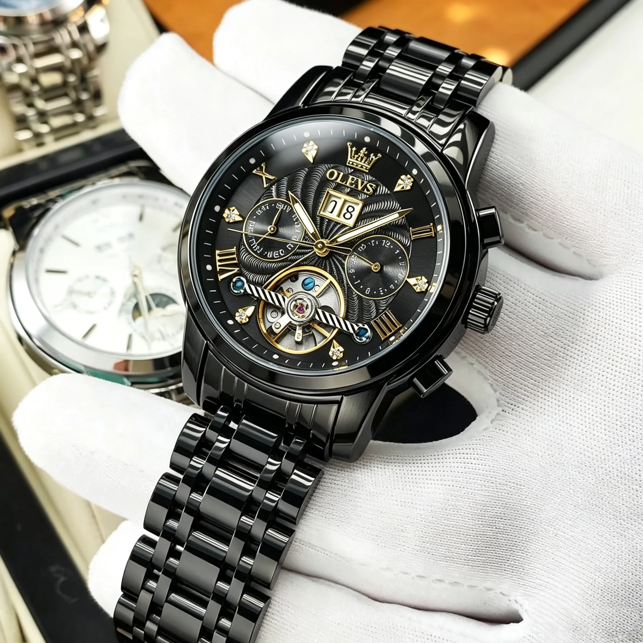 

OLEVS Mens Watch Luxury Flywheel Mechanical Watch Waterproof Luminous Stainless Steel Week Date Watches For Man Gifts Reloj 9910