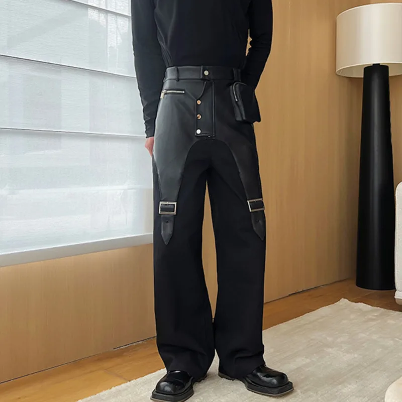 IEFB Men Trousers PU Leather Patchwork Casual Cargo Pant Straight Tube Streetwear Trend Male Spliced Overalls Fashion New 9C1775